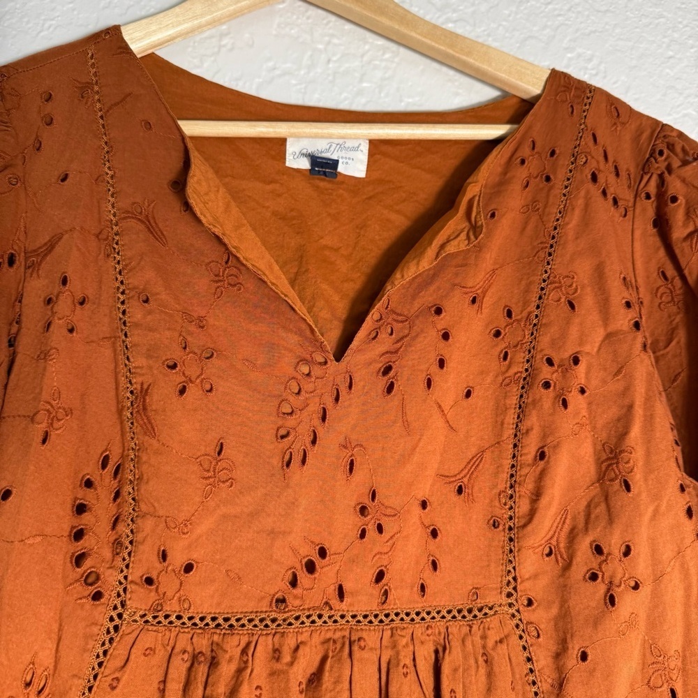 Universal Thread Rust Orange Eyelet Mini Dress Size L 100% Cotton Casual Boho - Picture 3 of 7